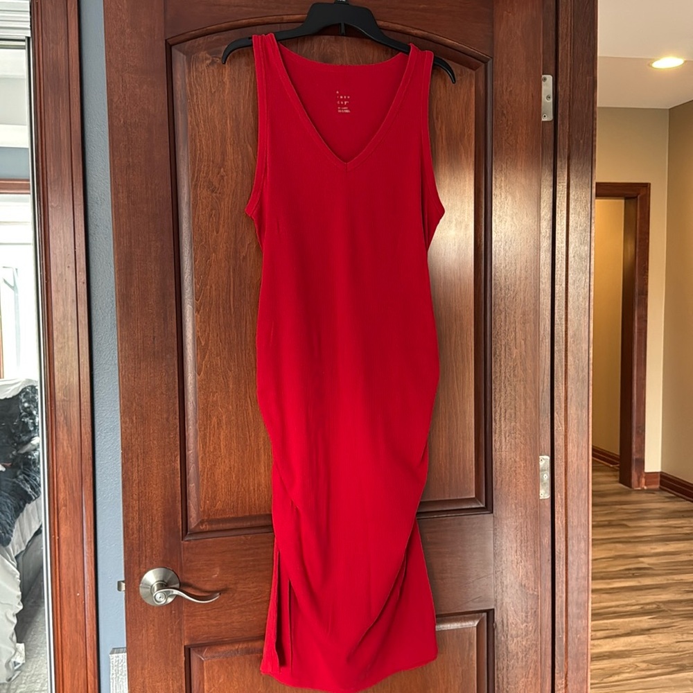 Knee length Tank dress with gathering at sides and slit on one side